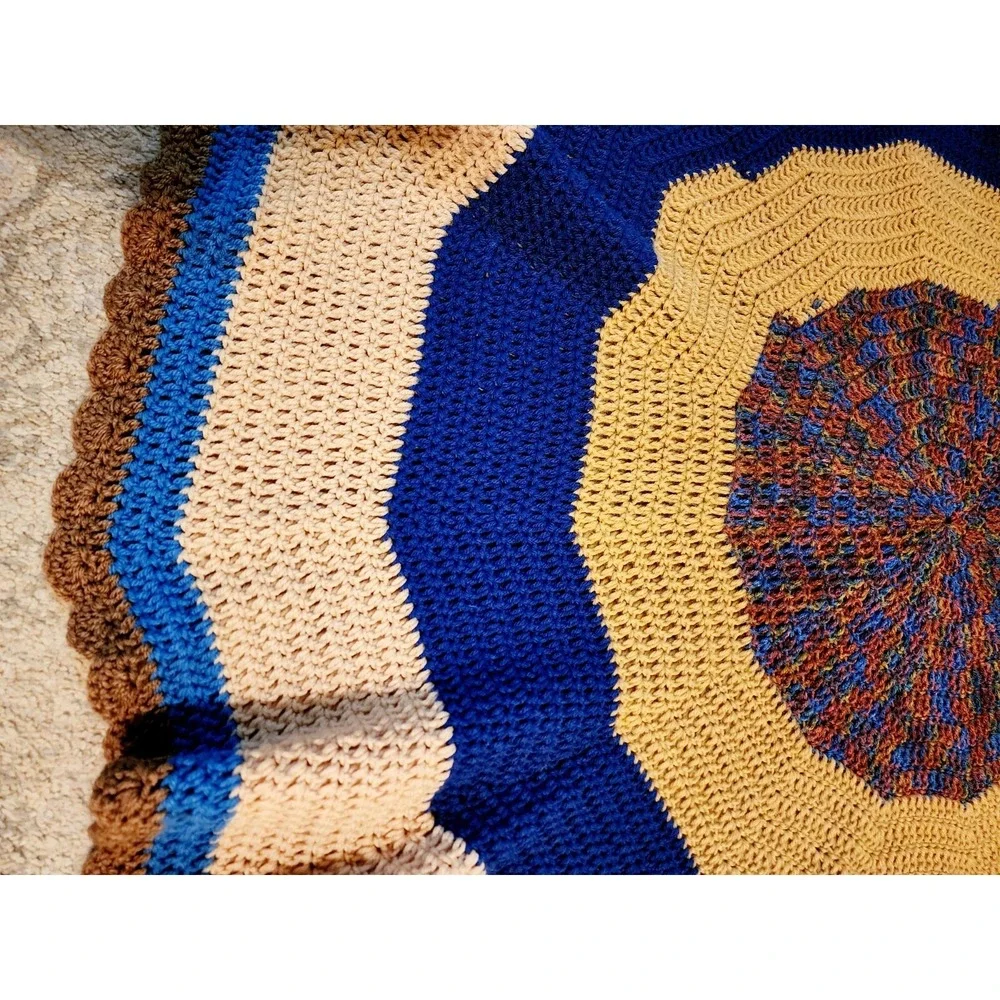 Beautiful Crocheted Blanket Round With Colorful Blue/brown Pattern 58in